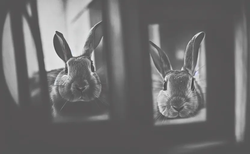 Prompt: rabbit looking in the gothic mirror, black flower, magic, forest, nostalgia, analogue photo quality, blur, unfocus, monochrome, 35mm, dors