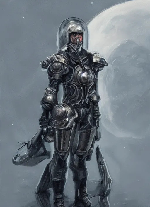 Prompt: of a hyper realistic proportional stylization portrait of a techpunkk war cleric in a futuristic pearl armor, dark gloomy environment two moons