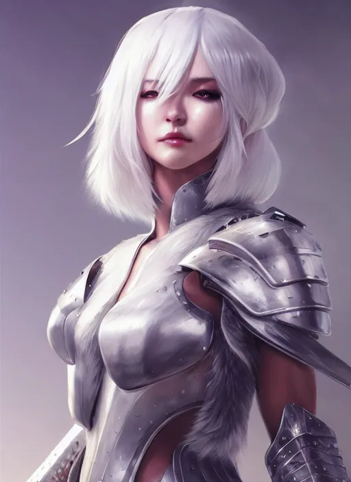 Image similar to fur - lined armor!!! beautiful and elegant white haired female!! gorgeous ayes!! character concept art, sharp focus, octane render! unreal engine 5! highly rendered!! trending on artstation!! detailed linework!! illustration by artgerm, wlop, and chie yoshii