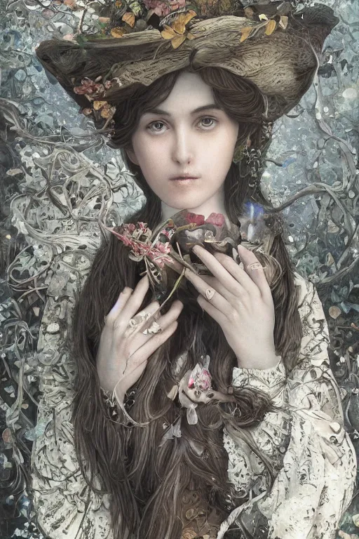 Prompt: An extremely beautiful pre-raphaelite portrait of a cute witch, surreal, ultradetailed, intricate, elegant, digital art painting, artstation, concept art, smooth, sharp focus, illustration, regal, award winning picture, extremely detailed masterpiece, sense of awe, featured on artstation, Artgerm, effervescent punk kawaii-noir pastel bubbles, winning award piece, ethereal rainbows, Aetherpunk, low-key neon lightning, stormy weather, Exquisite details, 8K detail post-processing