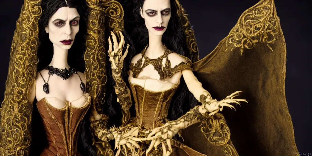 Prompt: photo taken of an epic intricate, ultra detailed, super realistic stop motion puppet of a majestic gracious regal aristocratic brunette female vampire and gothic filmset created by weta workshop and tim burton, menacing, wide angle, full body shots, photorealistic, sharp focus, gloomy, extremely cold blueish colour temperature, 3 5 mm, f 1. 4, golden ratio