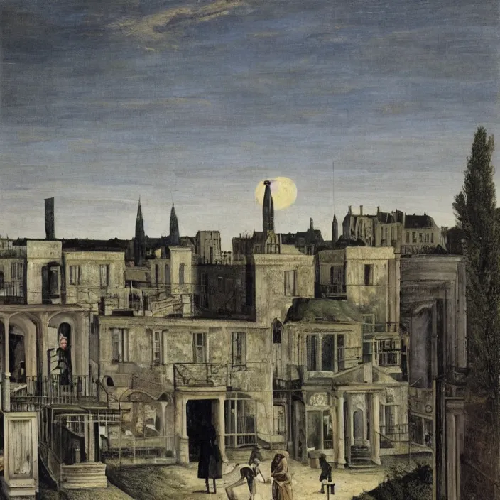 Image similar to a building in a landscape, by paul delvaux