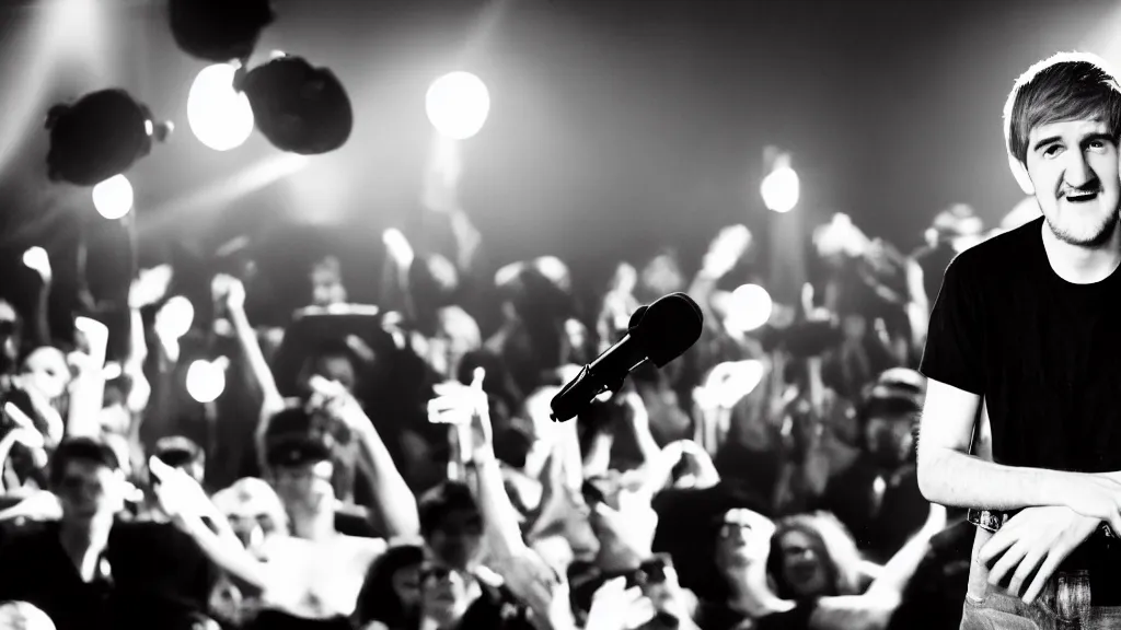 Prompt: bo burnham with beard holding a microphone in a black room ( small spotlights all over the background ) ( color )