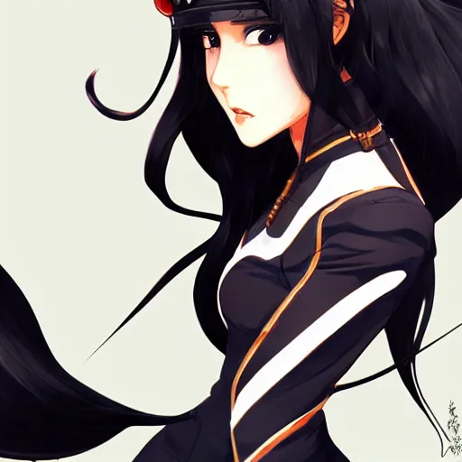 Image similar to portrait of a beautiful girl with long black hair, wearing police riot uniform, drawn by WLOP, by Avetetsuya Studios, attractive character, colored sketch anime manga panel, trending on Artstation