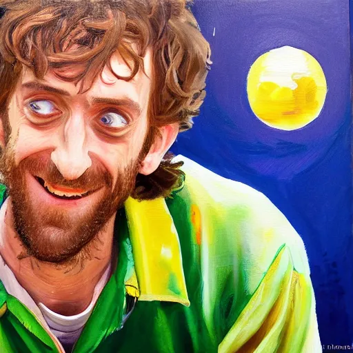 Image similar to thomas middleditch as rickety cricket, it's always sunny in philadelphia, 8 k, expressive painting