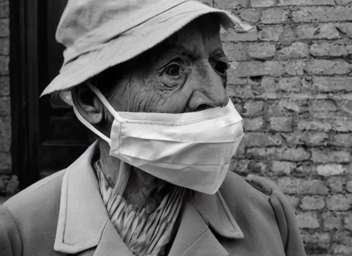 Image similar to cinematic mid shot of a high detail, vivian dorothy maier, with surgical mask. where's wally, line drawing by van gogh