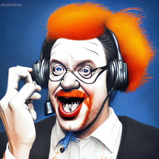 Prompt: a portrait of radio disk-jockey Ronald McDonald (Alex Jones) yelling at a phone, symmetrical facial features, intricate, elegant, highly detailed, digital painting, trending on Artstation, concept art, smooth, sharp focus, illustration, in the style of artgerm and greg rutkowski and alphonse mucha