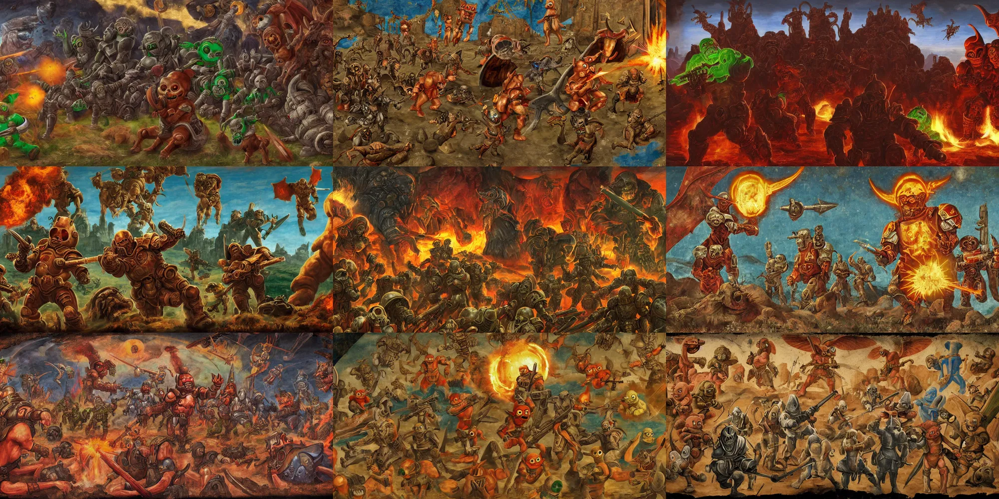 Prompt: Medieval fresco of the Doom Slayer from Doom Eternal fighting and shooting Teletubbies in hell, 4k, highly detailed,