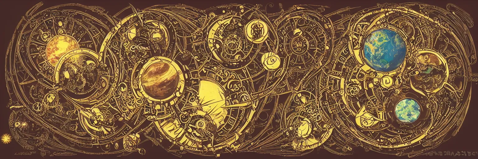 Prompt: steampunk art nouveau portrait of a sun and moon and stars and a comet and the planet earth, rich bright cartoon colors, intricate, ornate, circuitry, gears, painted, extremely hyperdetailed, art deco, anime, sharp focus