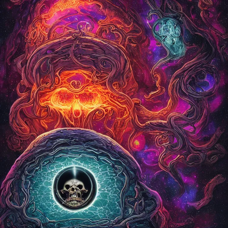Prompt: a giant skull with intricate rune carvings and glowing eyes with symmetrical lovecraftian tentacles emerging from a space nebula by dan mumford, twirling smoke trail, a twisting vortex of dying galaxies, digital art, vivid colors, highly detailed
