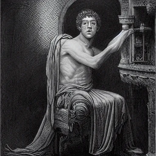 Prompt: a 1 3 th century, enigmatic, melancholic, mark zuckerberg ( look like ( ( mark zuckerberg ) ), is ( ( building a machine ) ). light dust, magnificent, hyperdetailed, theatrical, painted by gustave dore