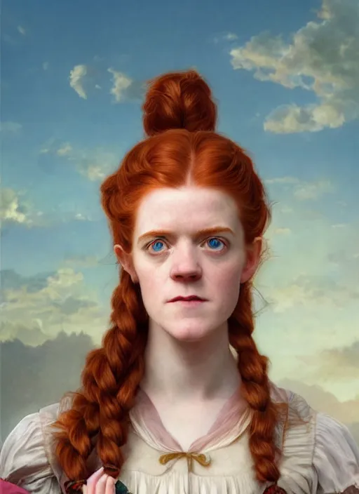 Prompt: portrait Rose Leslie as Pippi Longstocking, full length shot, shining, 8k highly detailed, sharp focus, illustration, art by artgerm, mucha, bouguereau