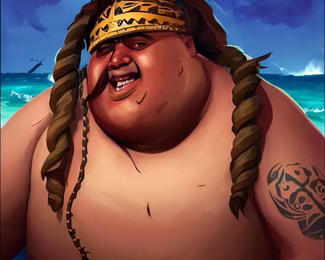 Image similar to sea of thieves character portrait concept art for an obese chubby huge tribal native man with polynesian tattoos on his face and a nose ring, cgsociety, trending on artstation, rare ltd,