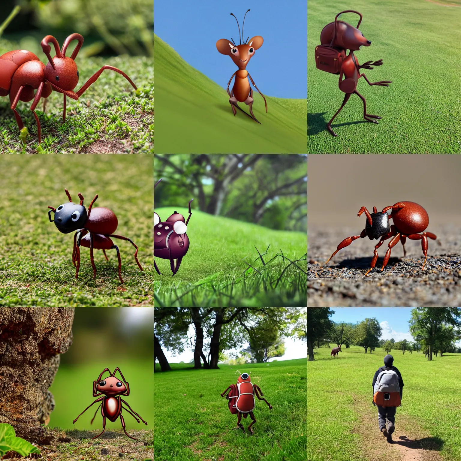 Prompt: an anthropomorphic ant wearing a backpack, walking through a green pasture