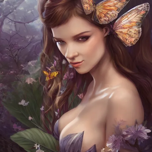 Prompt: portrait of a Fairy with big butterfly wings and a nice cleavage,breast covered by leaf, D&D, fantasy, highly detailed, digital art, artstation, smooth, sharp focus, illustration, art by Peter Tang and artgem