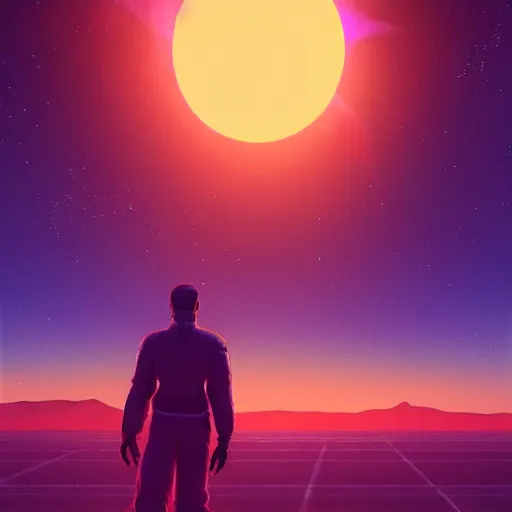 Image similar to realistic man standing in high desert, cyberpunk, digital art, trending on artstation, neon, desert, stars, vaporwave, retrowave, synthpop, 1 9 8 0 s, colorful, glowing, purple