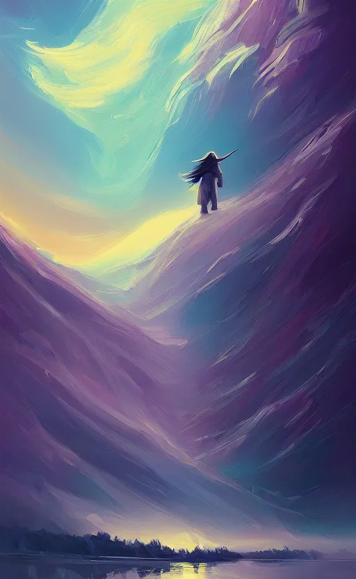 Prompt: a beautiful portrait of gandalf, art of alena aenami, featured on artstation, vertical orientation, paint brush strokes, expressionism, brushstroke - laden, breathtaking clouds, long exposure, midnight theme, blue purple gradient