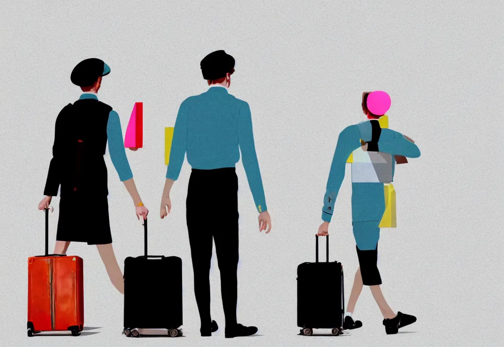 Prompt: full body portrait of a duo of young english tourists travel apparel, various poses walking and carrying luggage, geometric character designs painting, in the style of wes anderson, rene magritte, lola dupre, david hockney, isolated on white background, dark monochrome neon spraypaint accents octane render