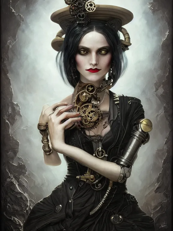 Image similar to a steampunk portrait of a hideous woman with shadowy eyes and bonewhite hair, with black glossy lips, hyperrealistic, award-winning, in the style of Tom Bagshaw, Cedric Peyravernay, Peter Mohrbacher