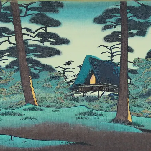 Prompt: a painting of a eerie cabin in the middle of the woods in the style of hokusai