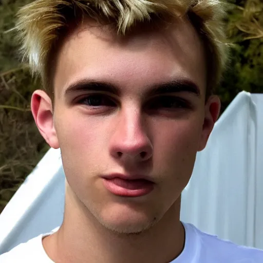 Image similar to an close - up photo of an american 2 0 yo man wearing a white shirt and black tracksuit, blonde hair, hazel eyes, small blond goatee, biggish nose, 1 7 0 lbs