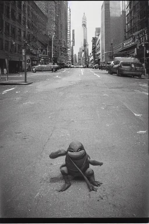 Image similar to photo polaroid of a ninja turtle in the middle of a New York street, loneliness, war, black and white ,photorealistic, 35mm film,
