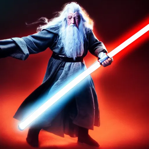 Image similar to gandalf holding a lightsaber while fighting darth vader, dramatic lighting, 4 k, digital art,