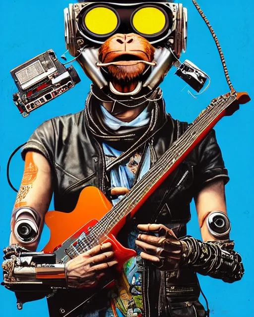 Image similar to a portrait of an anthropomorphic cyberpunk monkey in a leather helmet shredding an electric guitar by sandra chevrier, by jon foster, detailed render, tape deck, epic composition, cybernetics, 4 k realistic, cryengine, realistic shaded lighting, sharp focus, masterpiece, by enki bilal