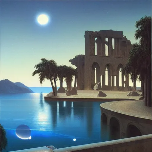 Prompt: David Ligare masterpiece, scifi nightscape, planets, hyperrealistic surrealism, award winning masterpiece with incredible details, epic stunning, infinity pool, a surreal vaporwave liminal space, highly detailed, trending on ArtStation, broken giant marble head statue ruins, calming, meditative, geometric liminal space, palm trees, very vaporwave