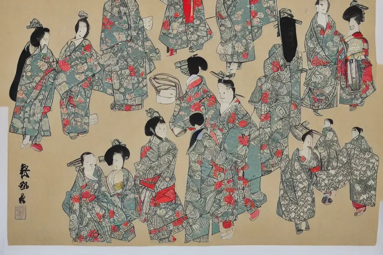 Image similar to geishas walking with umbrellas patterned dresses highly detailed fine wood block print