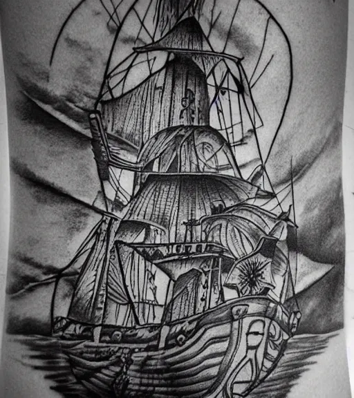 Image similar to A tattoo design on paper of a pirate ship, on paper, black and white, highly detailed tattoo, realistic tattoo, realism tattoo, beautiful shades