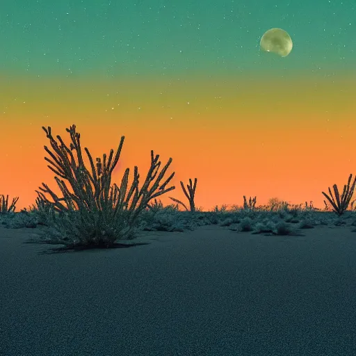 Image similar to big bird enchanted desert plateau, night time, lights in distance, cgsociety, realistic, roger deakins, 70mm, kodachrome, teal orange color palette 8k