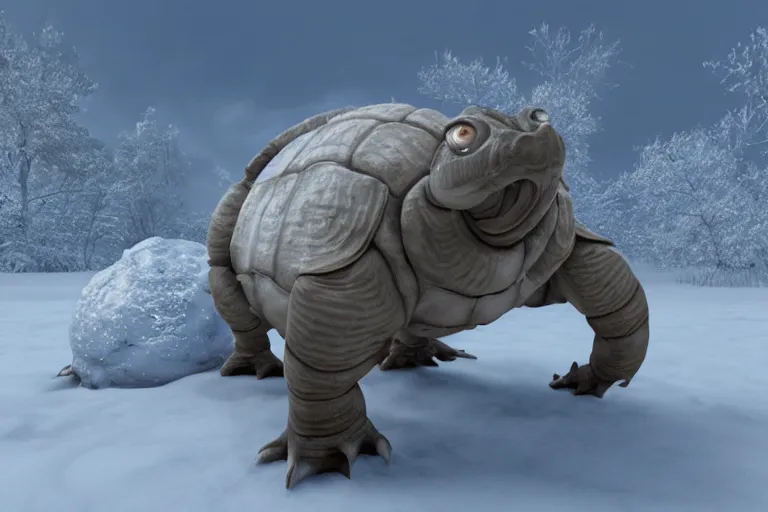 Prompt: highly realistic 3 d rendering of blastoise covered in snow and ice, unreal engine 5, volumetric lighting