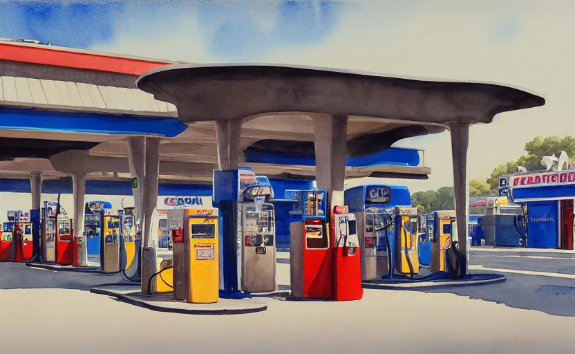 Prompt: gas station, colorful watercolor. by rembrant, battle angel alita, ralph mcquarrie, aluminum, 1 6 6 7
