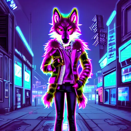 Image similar to beautiful furry digital art portrait commission of an androgynous furry anthro wolf fursona wearing punk clothes in the streets of a cyberpunk city. neon signs, detailed background, futuristic adverts, holographics. character design by zaush, rick griffin, tessgarman, angiewolf, rube, miles df, fa, furraffinity