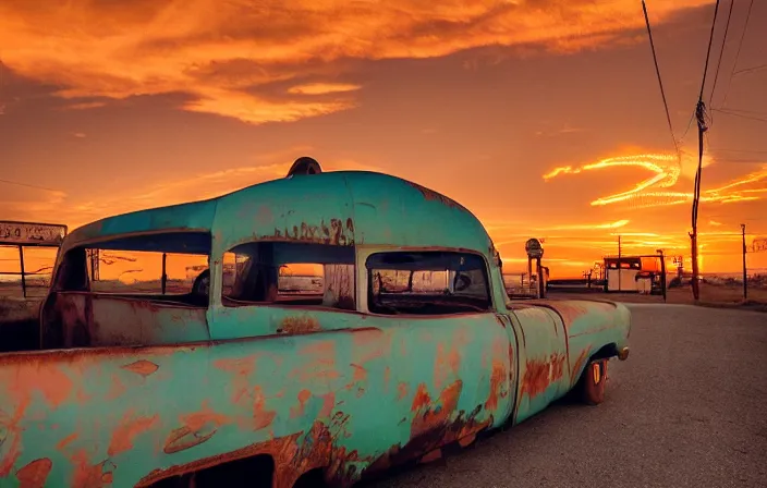 Image similar to A sunset light landscape with historical route66, lots of sparkling details and sun ray’s, blinding backlight, smoke, volumetric lighting, colorful, octane, 35 mm, abandoned gas station, old rusty pickup-truck, beautiful epic colored reflections, very colorful heavenly, softlight