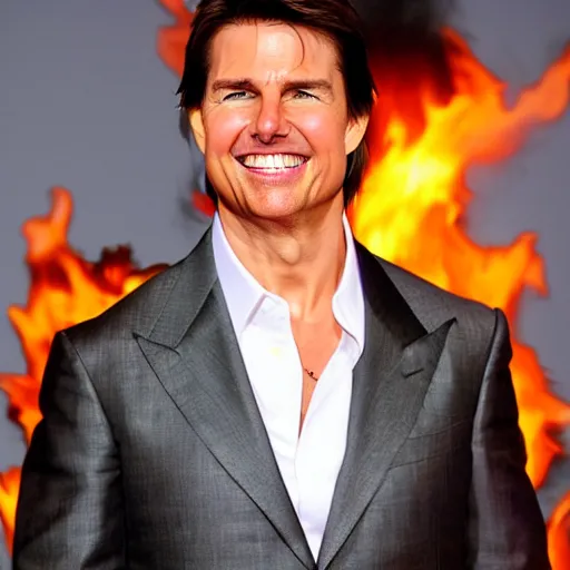 Image similar to Tom Cruise laughing in a house he set on fire, flaming background, overexposed photograph