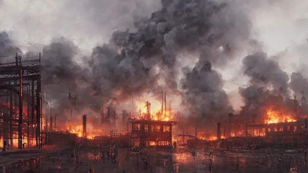 Image similar to view of industrial factory on fire with group of people, papyrus, watercolored, jakub rozalski, dark colours, dieselpunk, artstation