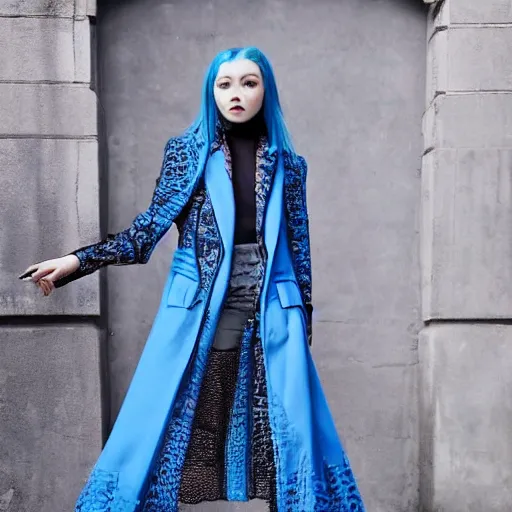 Image similar to fashion 2 0 5 0 fantastic openwork long coat with intricate pattern on a beautiful symmetrical girl with blue hair, hyper realistic photos