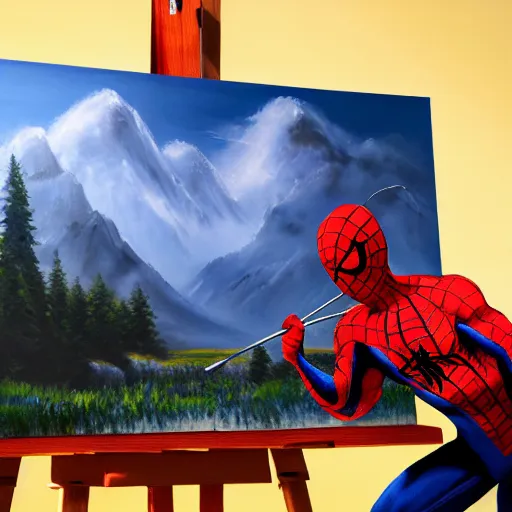 Prompt: a closeup photorealistic photograph of bob ross working on a canvas painting of spiderman. film still. brightly lit scene. mountains and trees. this 4 k hd image is trending on artstation, featured on behance, well - rendered, extra crisp, features intricate detail, epic composition and the style of unreal engine.