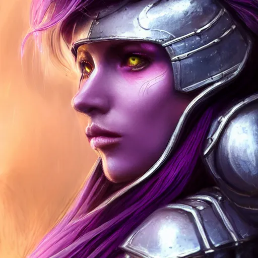 Image similar to extreme close up portrait of a beautiful woman in mechanical amethyst armor, female, flowing purple hair tied in pleats, intense stare, stoic, concept art, intricate detail, volumetric shadows and lighting, realistic oil painting magic the gathering style, destiny, sci - fi,