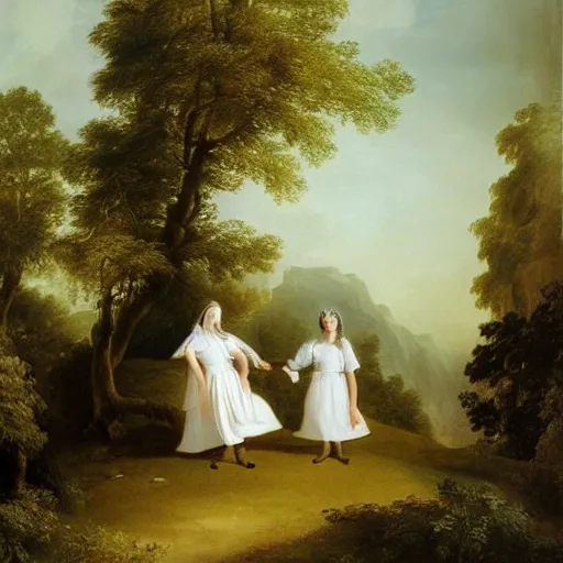 Image similar to two beautiful girls wearing white dresses john martin landscape