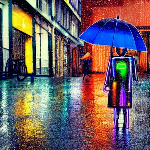 Prompt: small street full of neon light banners, multi colored pebbles on the road, a man with a black umbrella walks towards a young lady robot, rainy day, stylographic drawing style, kurekolor