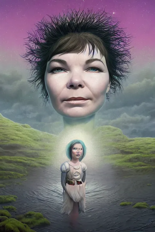 Prompt: beautiful bjork portrait in iceland by hubert robert and lee madgwick and roger dean and jacek yerka, dan mumford and alex grey style, soft lighting, 4 k hd wallpaper illustration concept joy atmospheric lighting