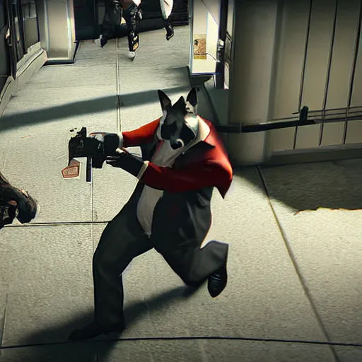 Prompt: screenshot from the game payday 2 ( graphics maxed out ) demonstrating the fursuit unlock in action during an assault - hoxton? more like foxton.