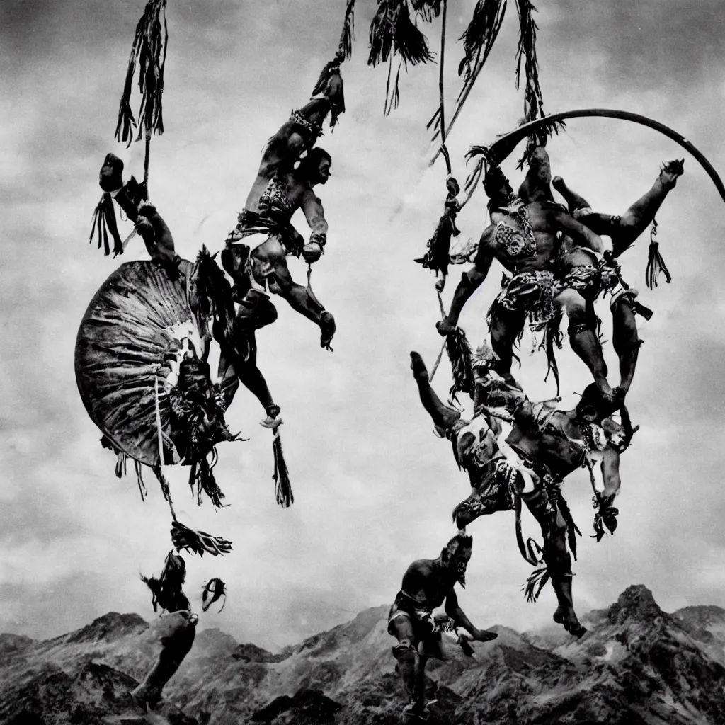 Prompt: Maori warrior during ancient extreme sports on parachute by david lachapelle, old photo, black and white, vintage