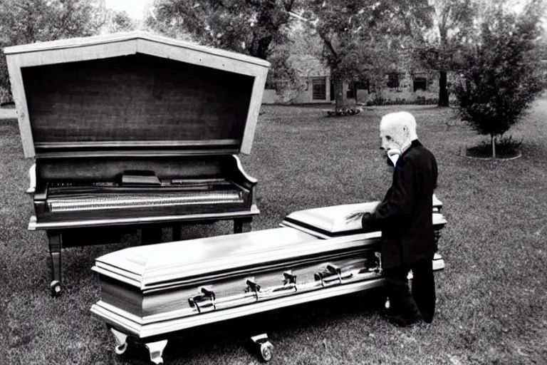 Image similar to a creepy old man playing a piano in the shape of a casket, with other caskets piled up in the back