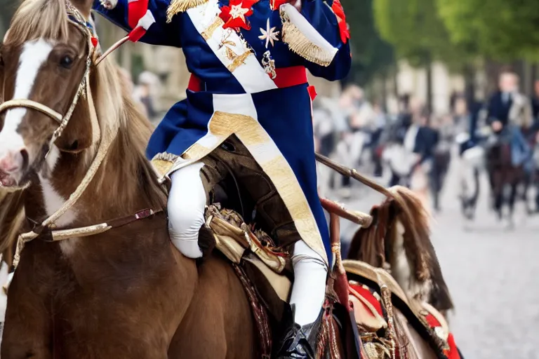 Image similar to closeup portrait of emmanuel macron dressed as napoleon riding a tiny horse in a paris street, natural light, sharp, detailed face, magazine, press, photo, steve mccurry, david lazar, canon, nikon, focus