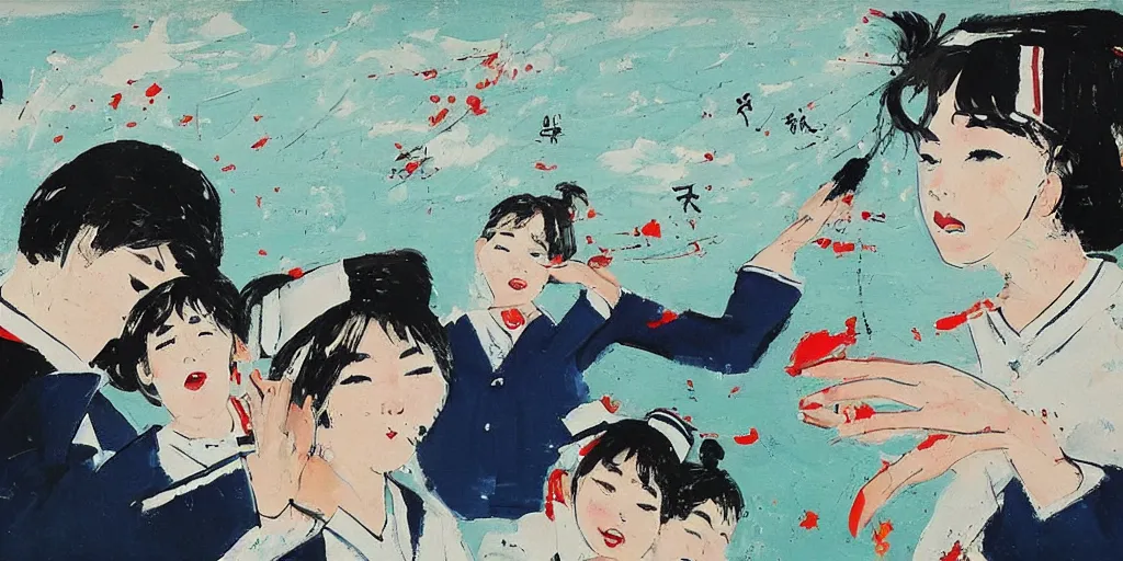 Image similar to in the afternoon at school, a beautiful girl kill her boyfriend as a group of students in sailor uniforms watch by wu guanzhong