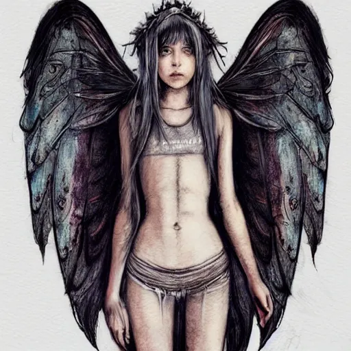 Prompt: portrait of a grungy fairy girl, wearing a hoodie and sweatpants, symmetrical wings, wings made of pizza, basic white background, symmetrical, watercolor, pen and ink, intricate line drawings, by Yoshitaka Amano, Ruan Jia, Kentaro Miura, Artgerm, detailed, trending on artstation, hd, masterpiece,